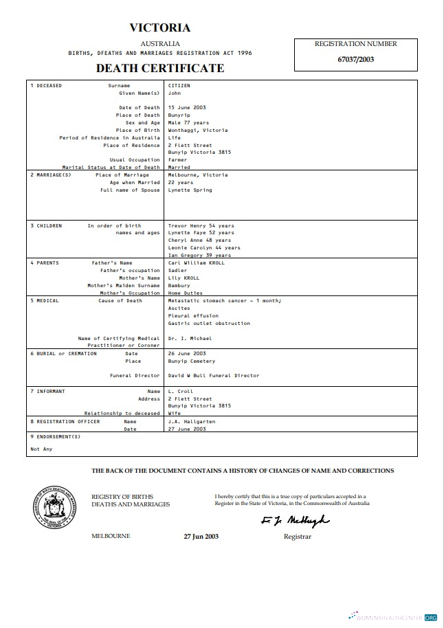 Download Australia Victoria death certificate template in Word format Photoshop template